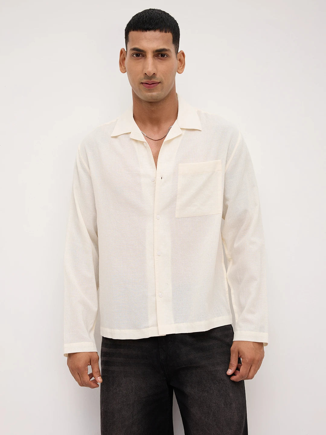 Sheer Off-White Gingham Checks Notch Collar Oversized Shirt