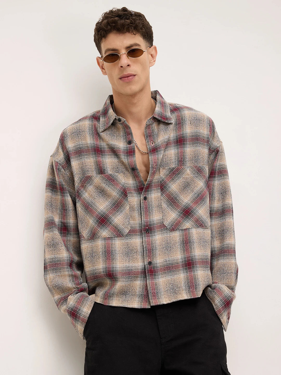 Maroon & Beige Twill Checks Boxy Fit Twin Pocket Crop Shirt