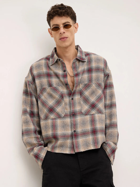 Maroon & Beige Twill Checks Boxy Fit Twin Pocket Crop Shirt