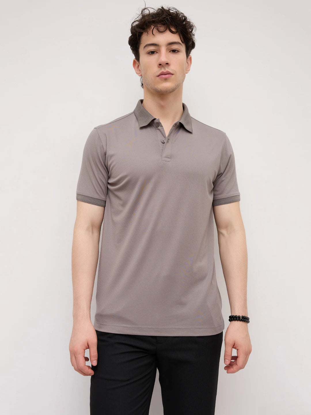 Solid Stone Grey Honeycomb Polo Neck Knit T-Shirt