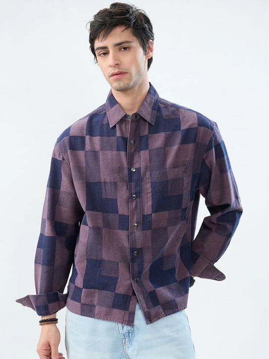 Premium Navy & Purple Acid Wash Denim Checks Boxy Fit Crop Shirt