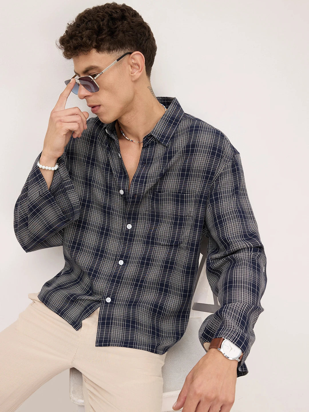 Sovereign Midnight Navy Contrast Checks Cuffless Oversized Crop Shirt