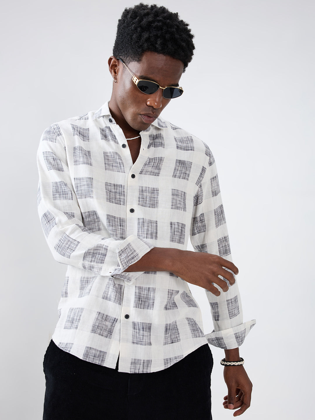 White & Black Geometric Printed Double Cloth Shirt