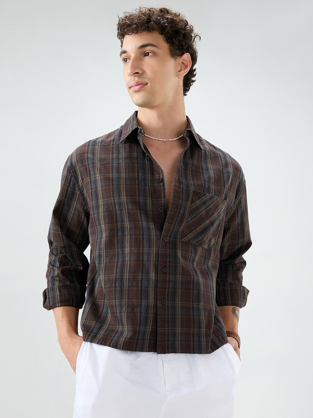 Rich Brown Multi Line Checks Melange Boxy Fit Crop Shirt