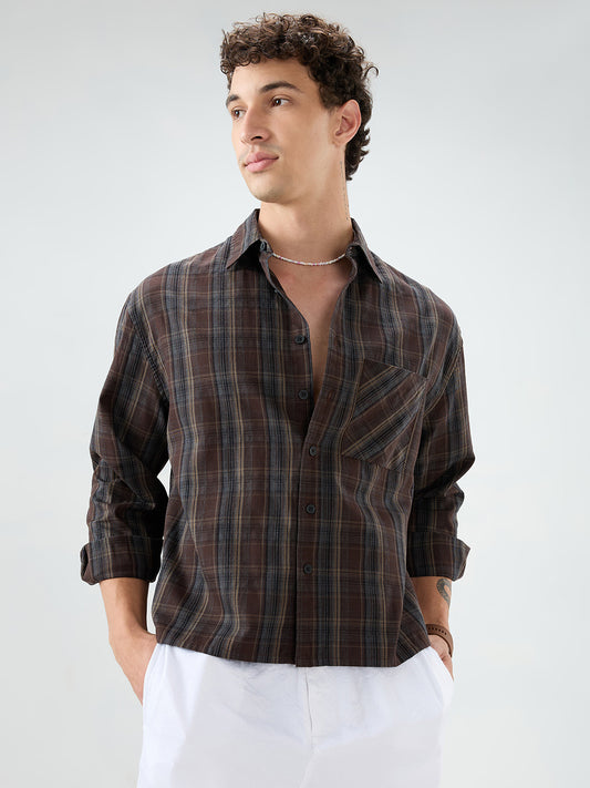 Rich Brown Multi Line Checks Boxy Fit Crop Shirt