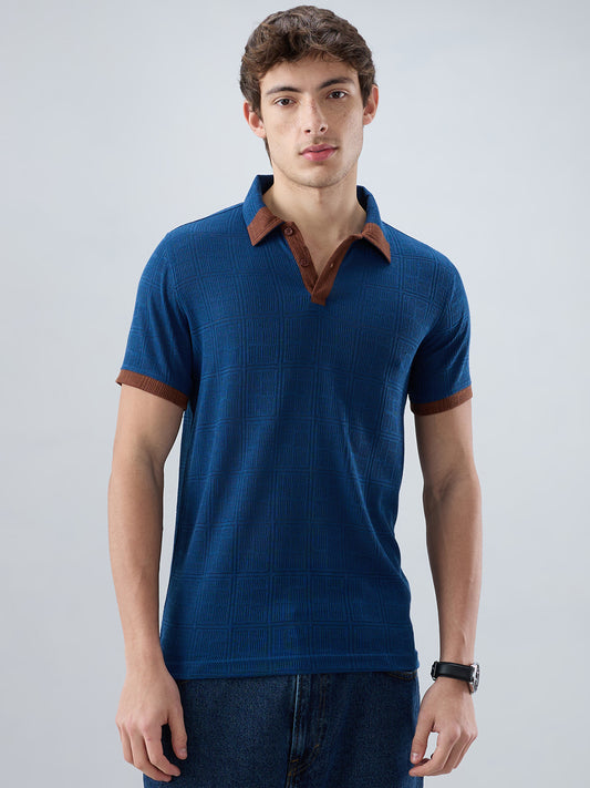 Dark Slate Blue Grid Contrast Polo Neck Knit T-shirt