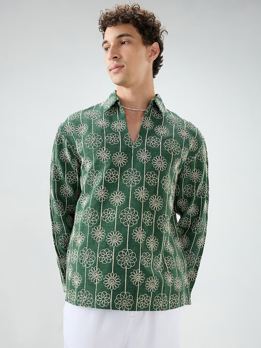 Green Floral Embroidered Oversized Polo Neck Shirt