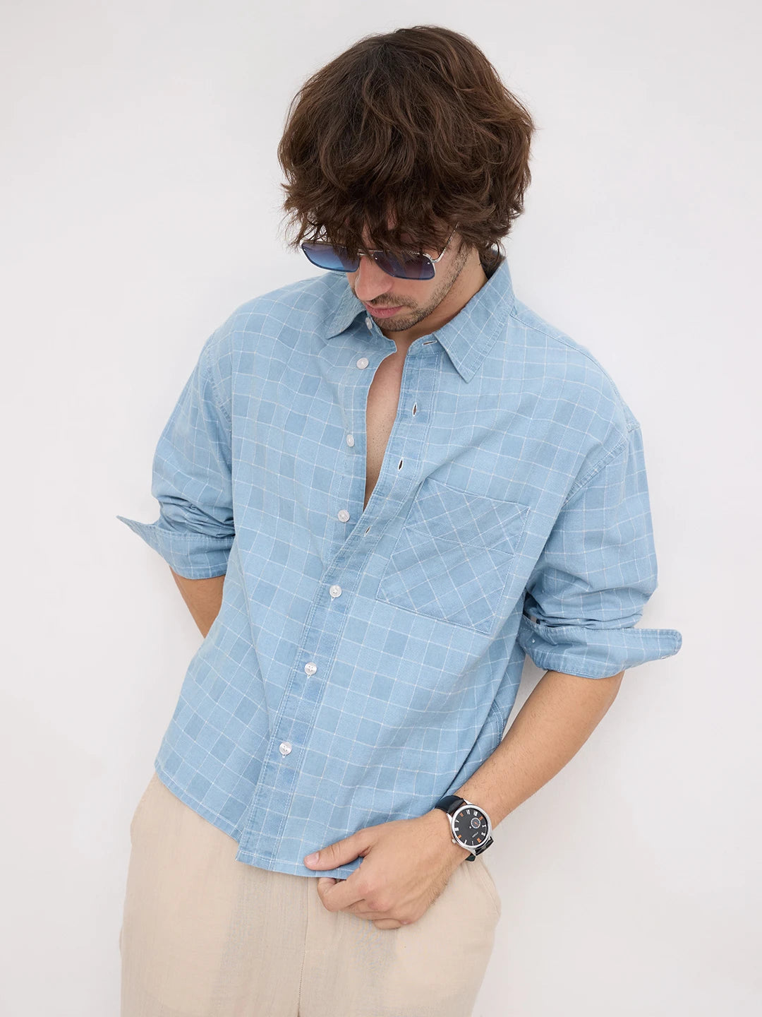 Denim Plaid Checks Boxy Fit Crop Shirt