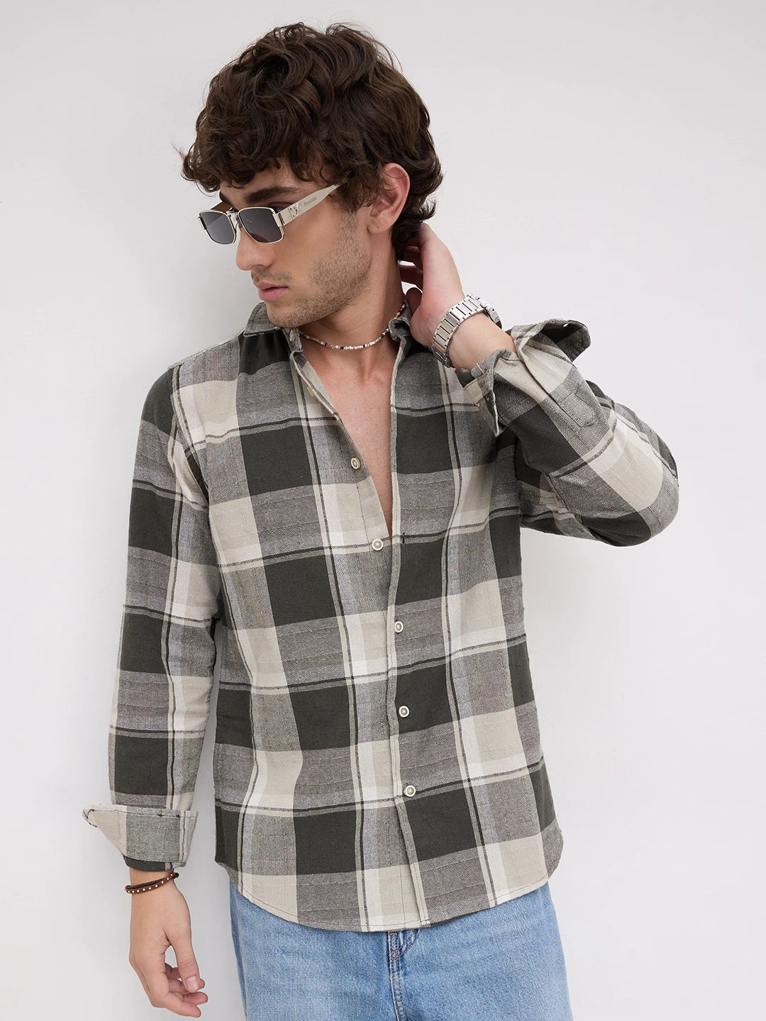 Dark Army Green Windowpane Checks Shirt