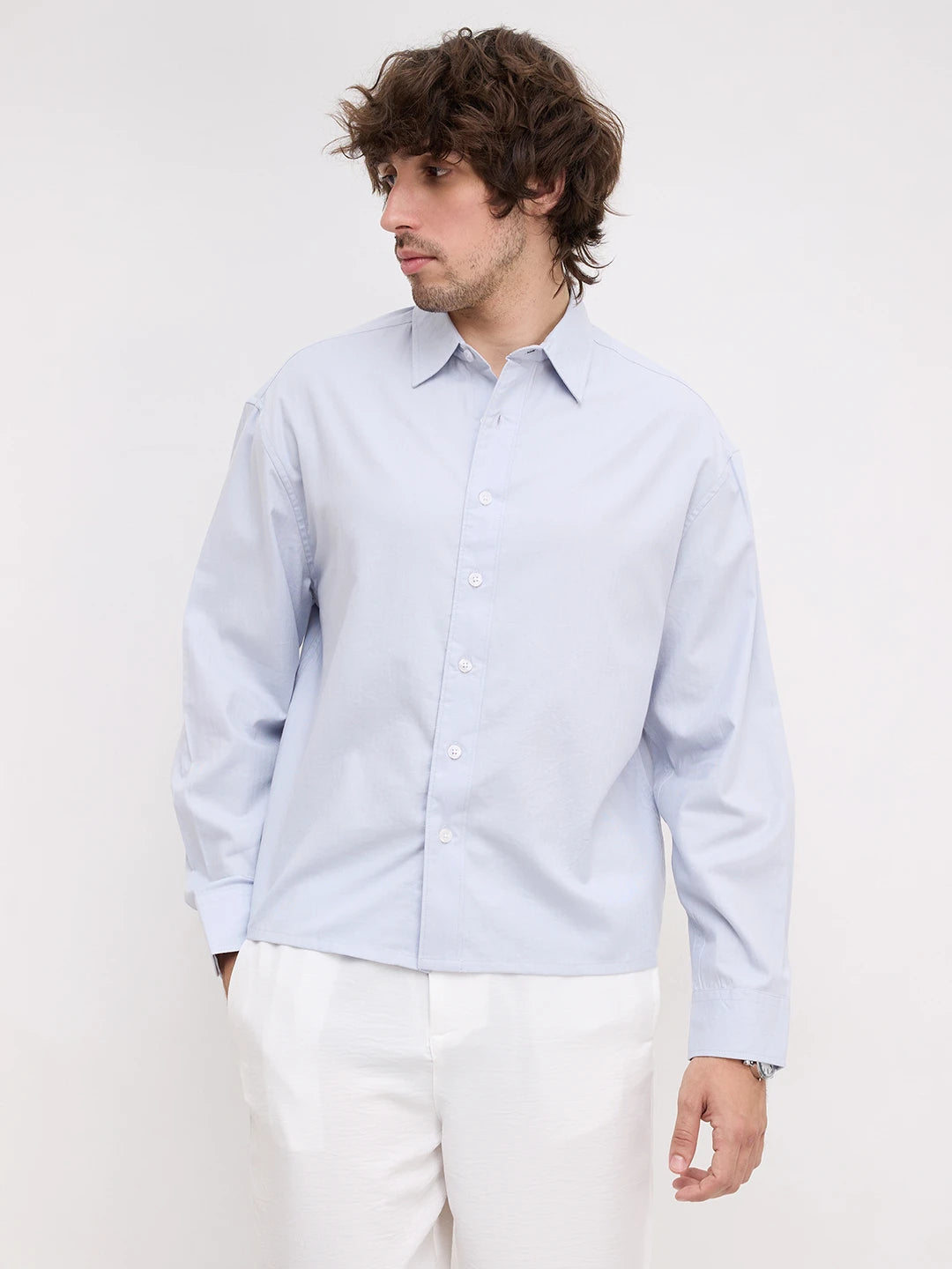 Ice Blue Herringbone Textured Boxy Fit Crop Shirt