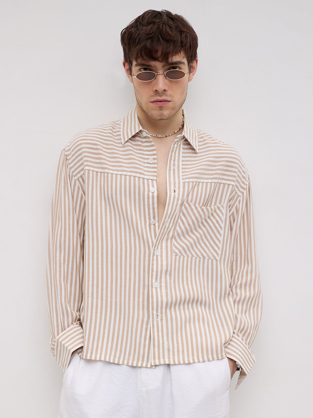 Timeless Khaki Striped Boxy Fit Crop Shirt