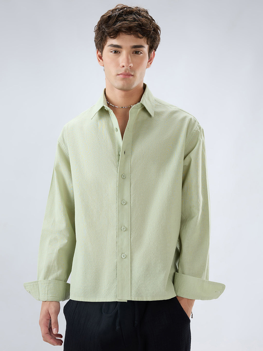 Sage Green Micro Weave Boxy Fit Crop Shirt