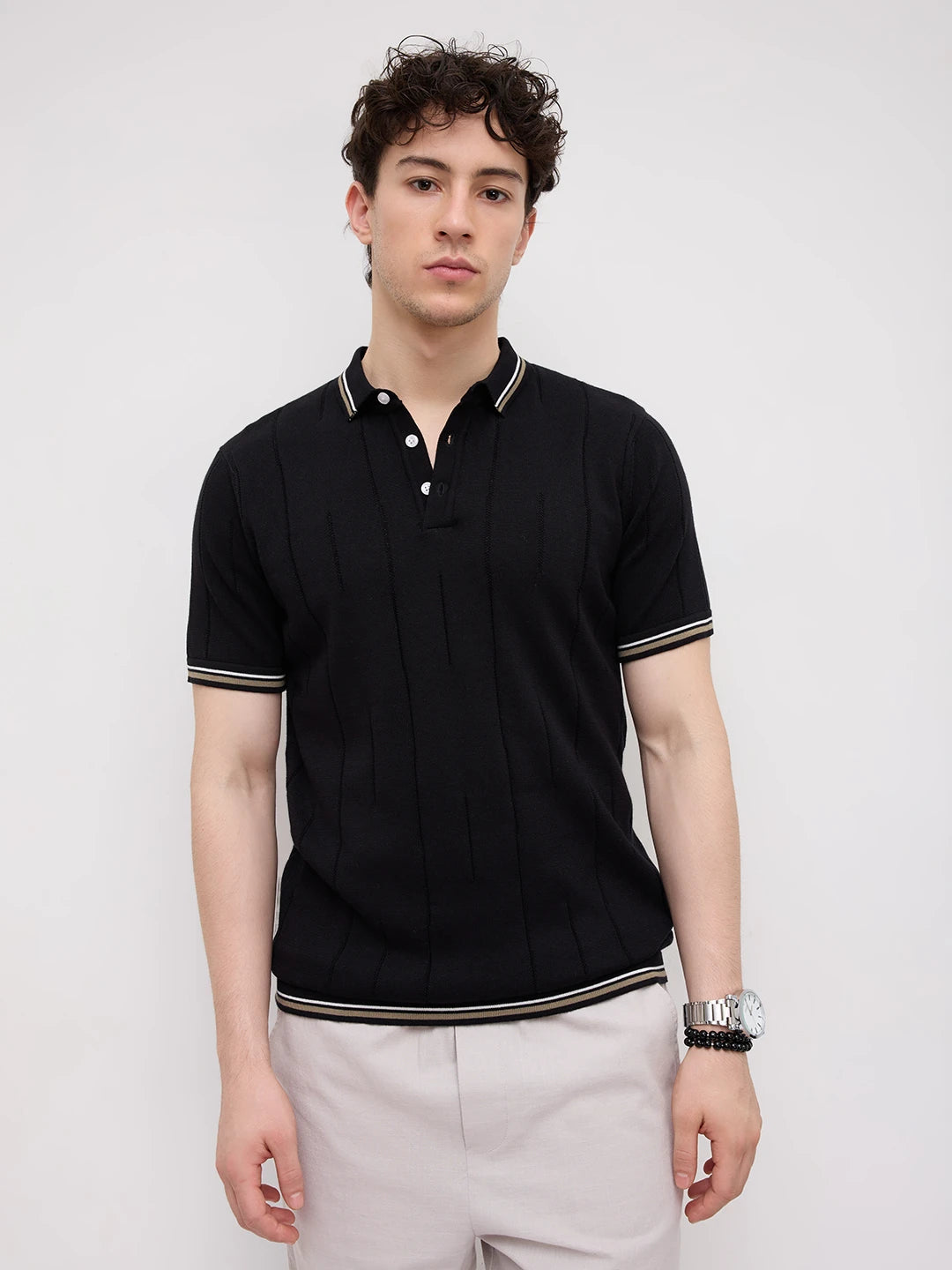 Black Ribline Contrast Polo Knit T-Shirt