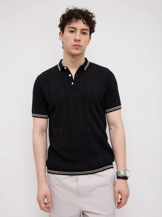 Black Ribline Contrast Polo Knit T-Shirt
