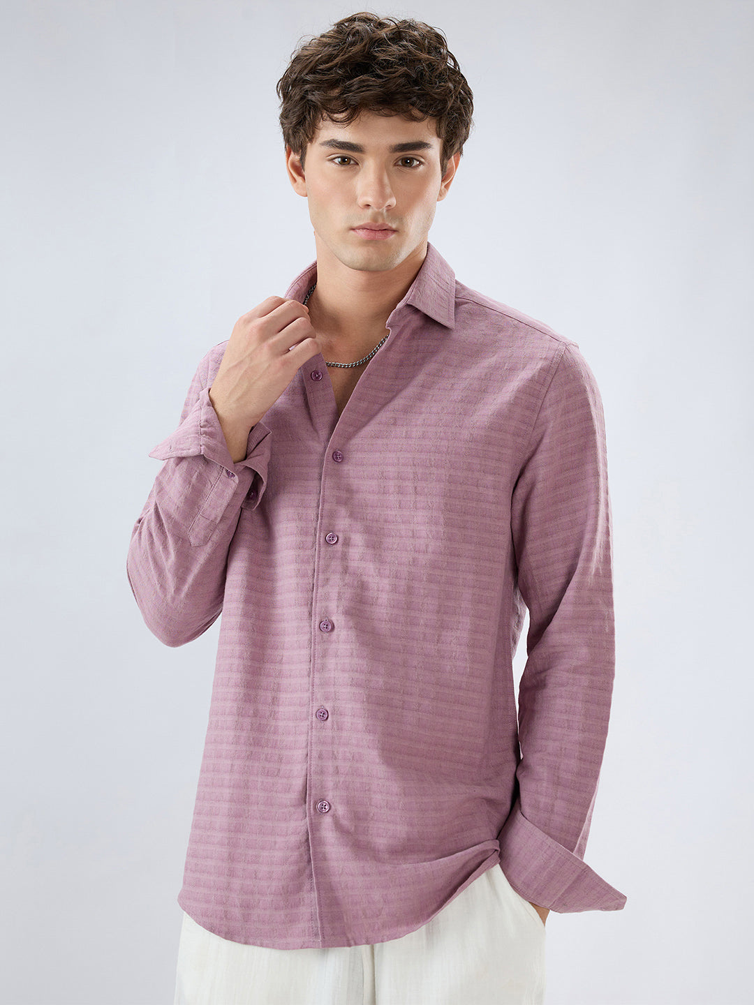 Dusty Rose Horizontal Textured Striped Shirt