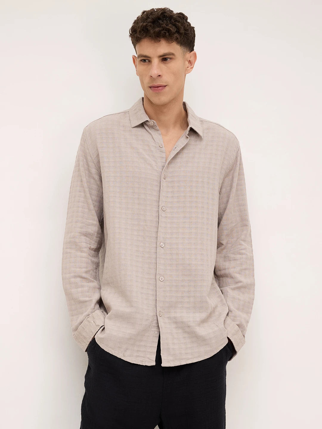 Grey Horizontal Striped Textured Shirt