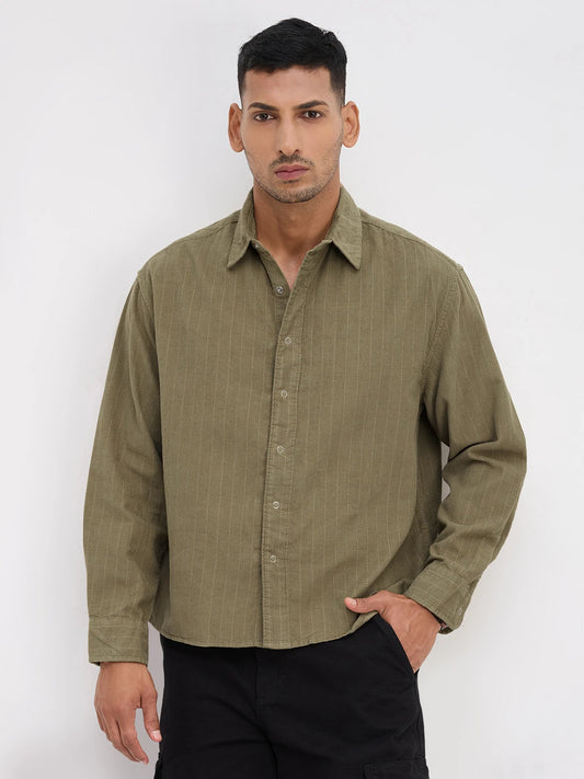 Luxe Olive Herringbone Corduroy Boxy Fit Crop Winter Shirt