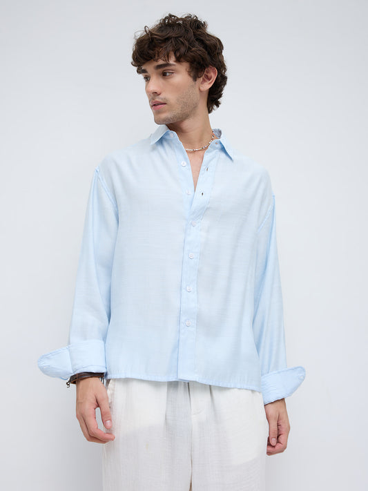 Arctic Breeze Textured Linen Blend Boxy Fit Crop Shirt