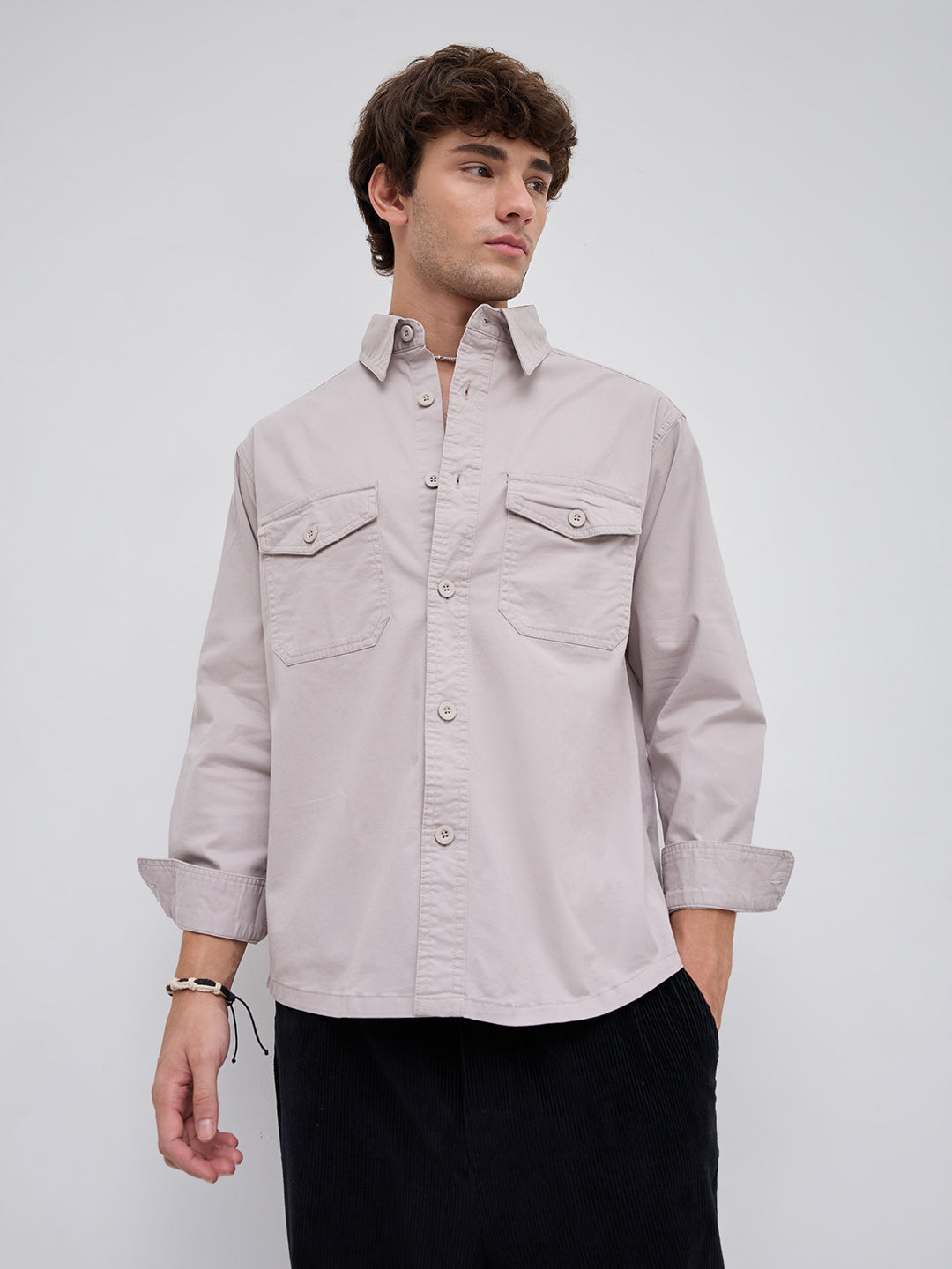 Solid Bone Grey Double Pocket Overshirt