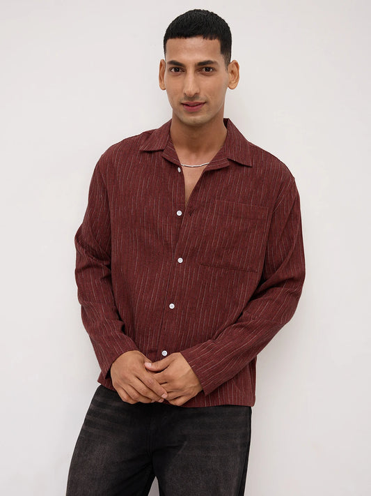 Elegant Maroon Multi-Stripe Weave Oversized Notch Collar Shirt