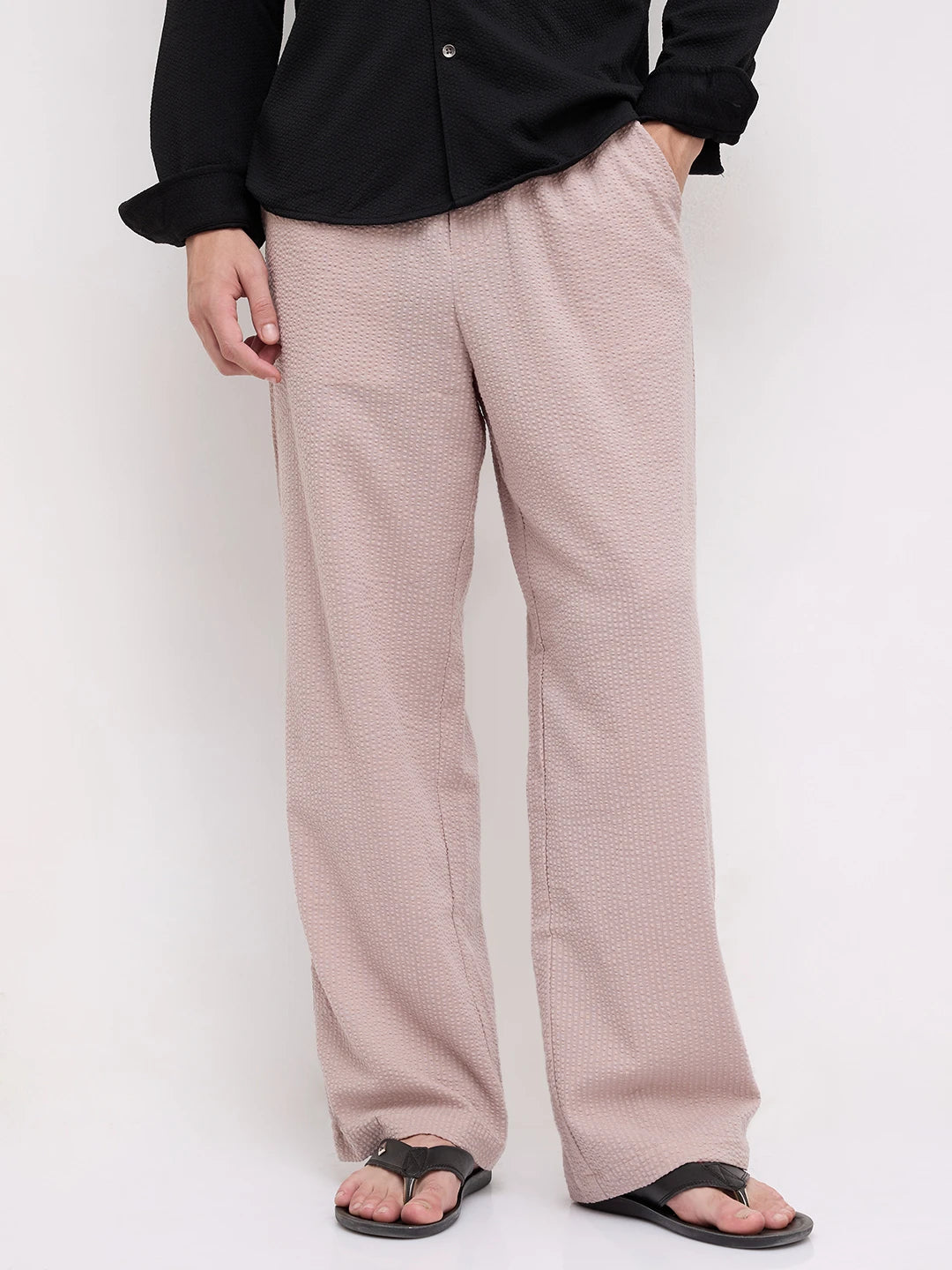 French Beige Seersucker Straight Fit Trousers