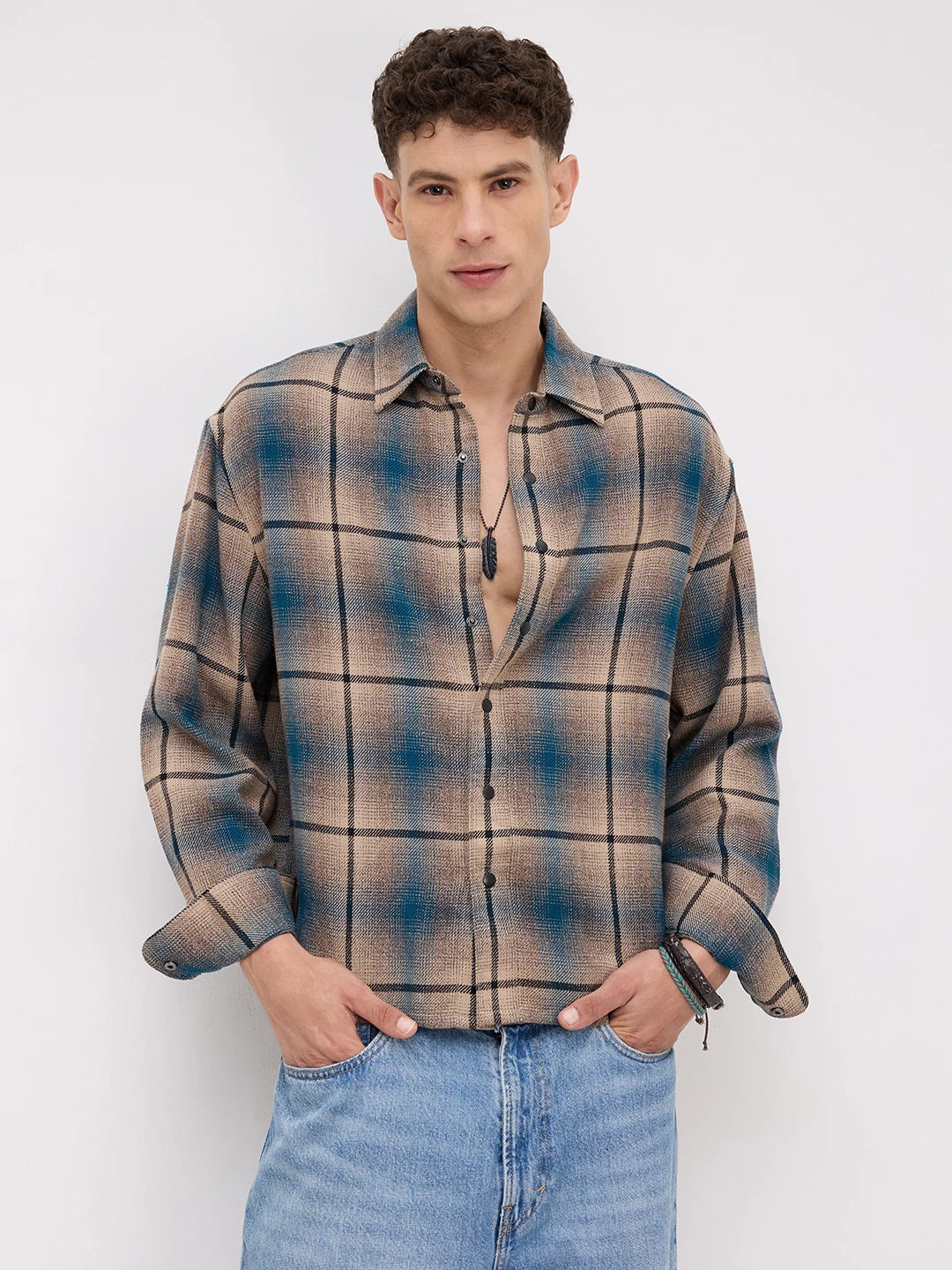 Teal & Khaki Plaid Checks Flannel Boxy Fit Crop Shirt
