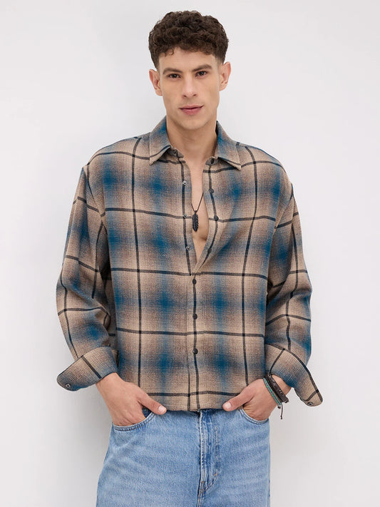 Teal & Khaki Plaid Checks Flannel Boxy Fit Crop Shirt