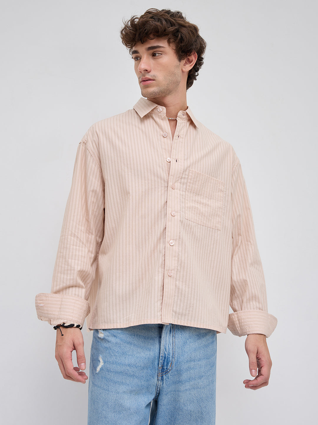 Plush Powder Pink Subtle Striped Boxy Fit Crop Shirt