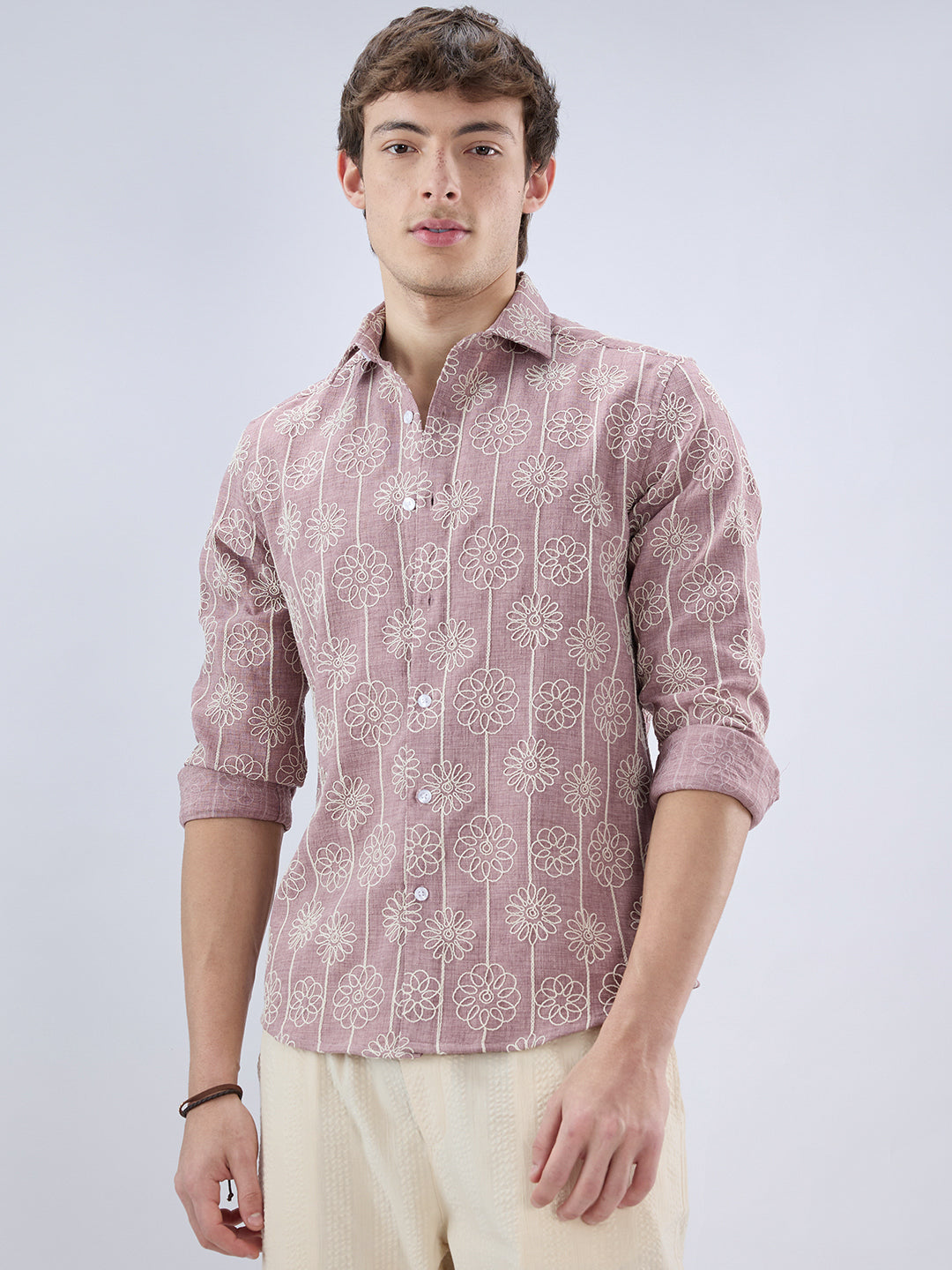 Rouge Pink Floral Embroidered Slub Shirt