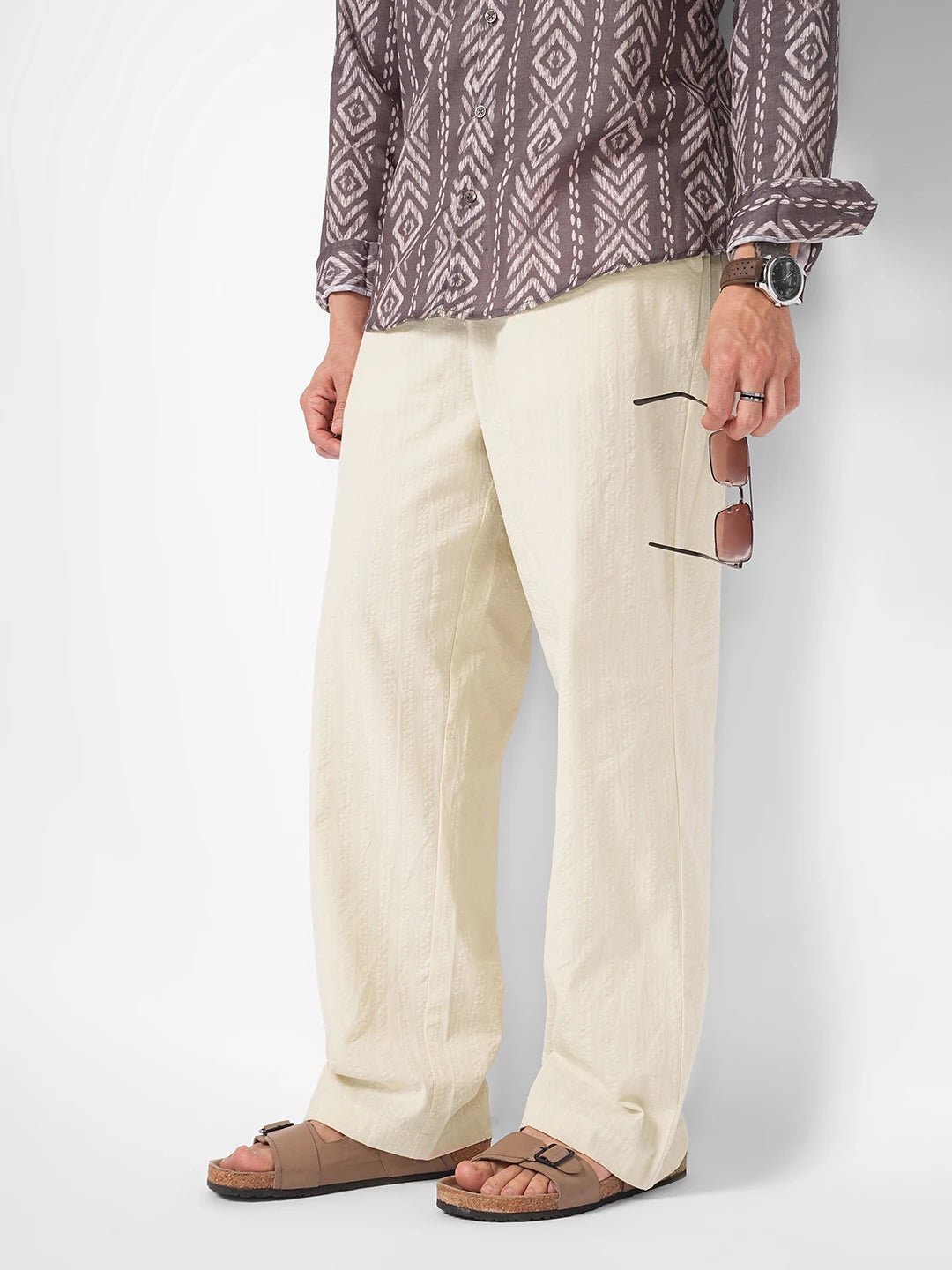 Natural Beige Seersucker Straight Fit Trousers