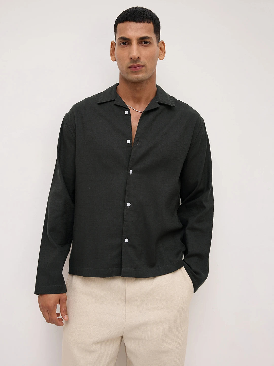 Forest Green Fine Sheer Slub Textured Oversized Notch Collar Shirt