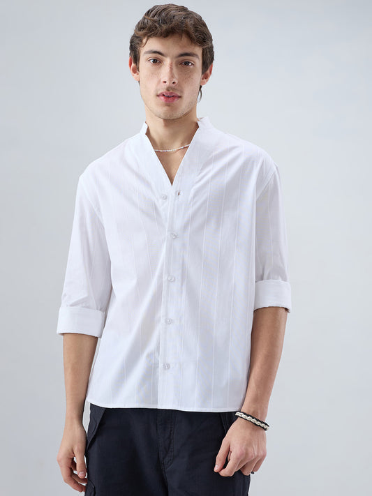 Snow White Panel Textured Stand Collar Oversized Shirt