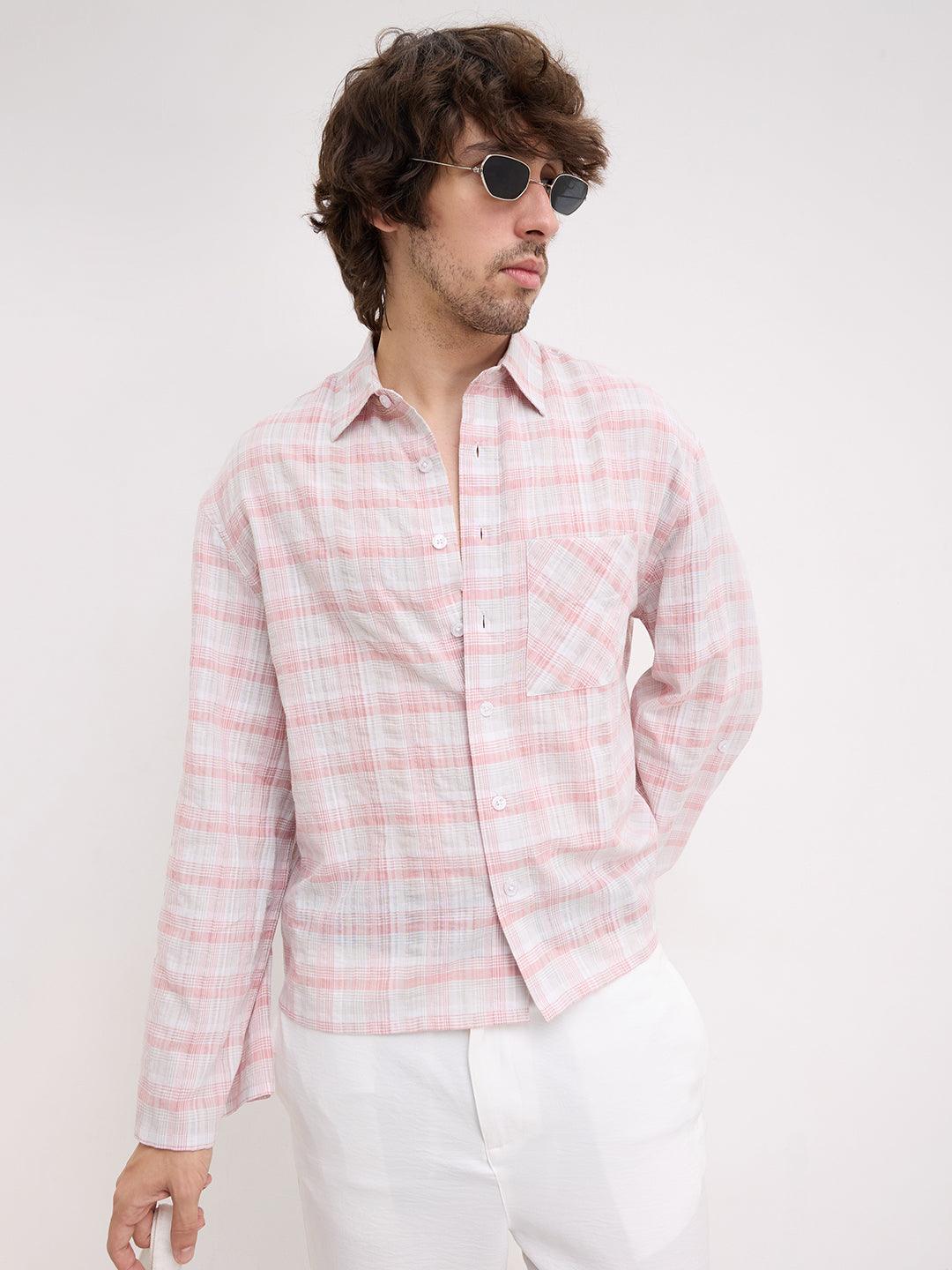 Peachy Pink & Grey Plaid Checks Oversized Cuffless Crop Shirt