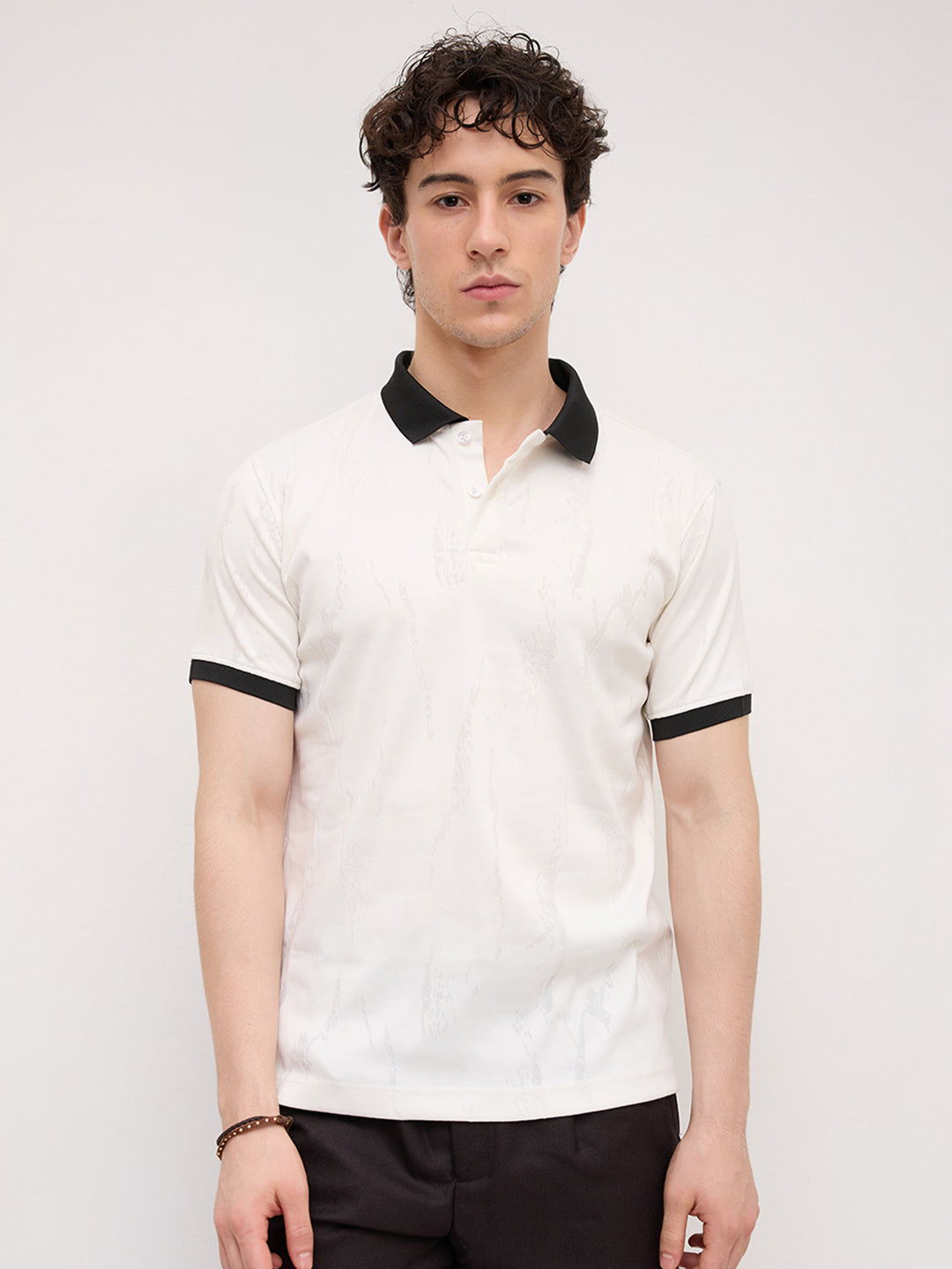Intricate White Textured Contrast Polo Knit T-Shirt
