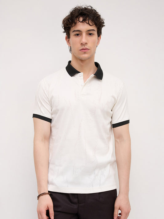 Intricate White Textured Contrast Polo Knit T-Shirt