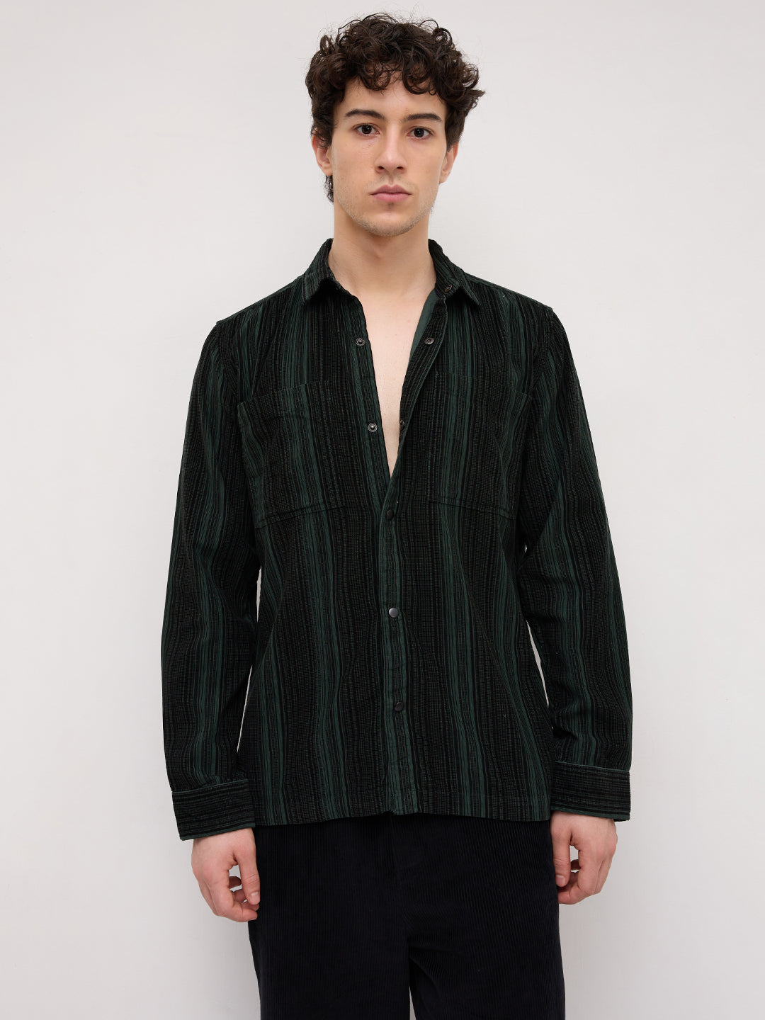 Dark Green Striped Double Pocket Corduroy Shirt
