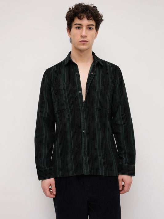 Dark Green Striped Double Pocket Corduroy Shirt