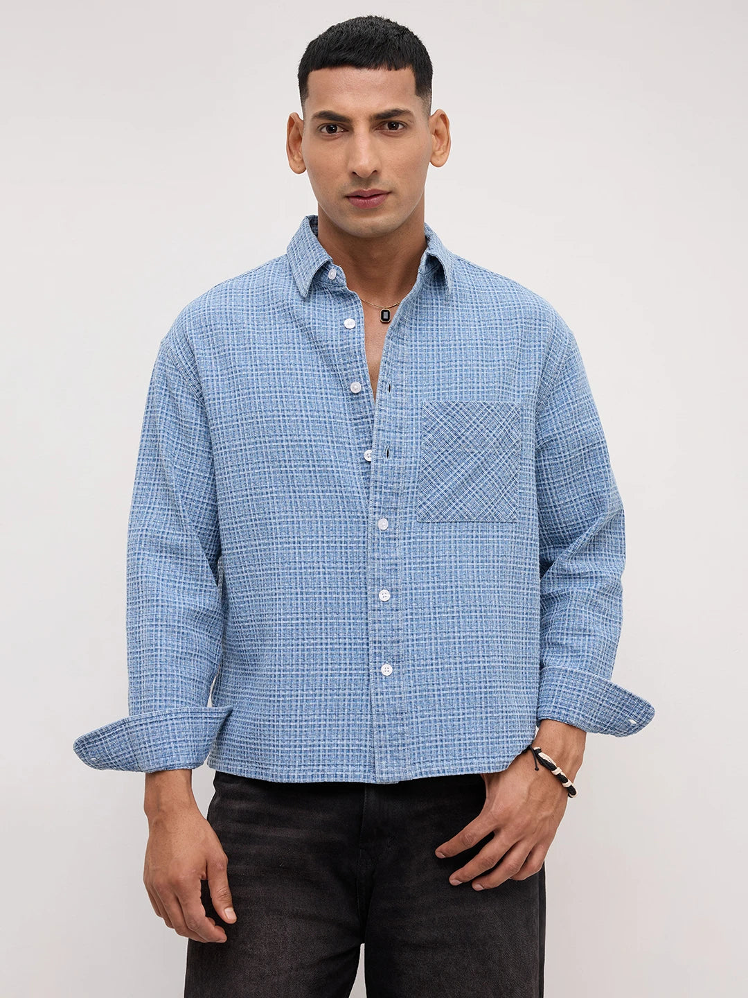 Abstract Denim Crosshatch Woven Boxy Fit Crop Shirt