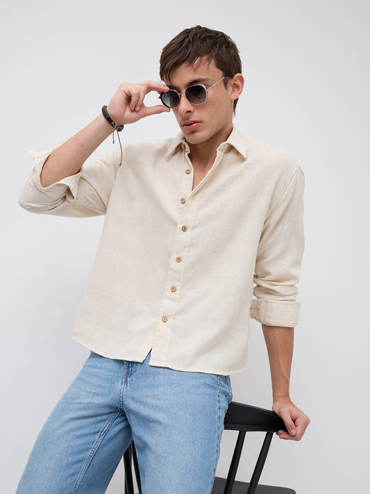 Natural Beige Grain Loom Linen Blend Boxy Fit Crop Shirt