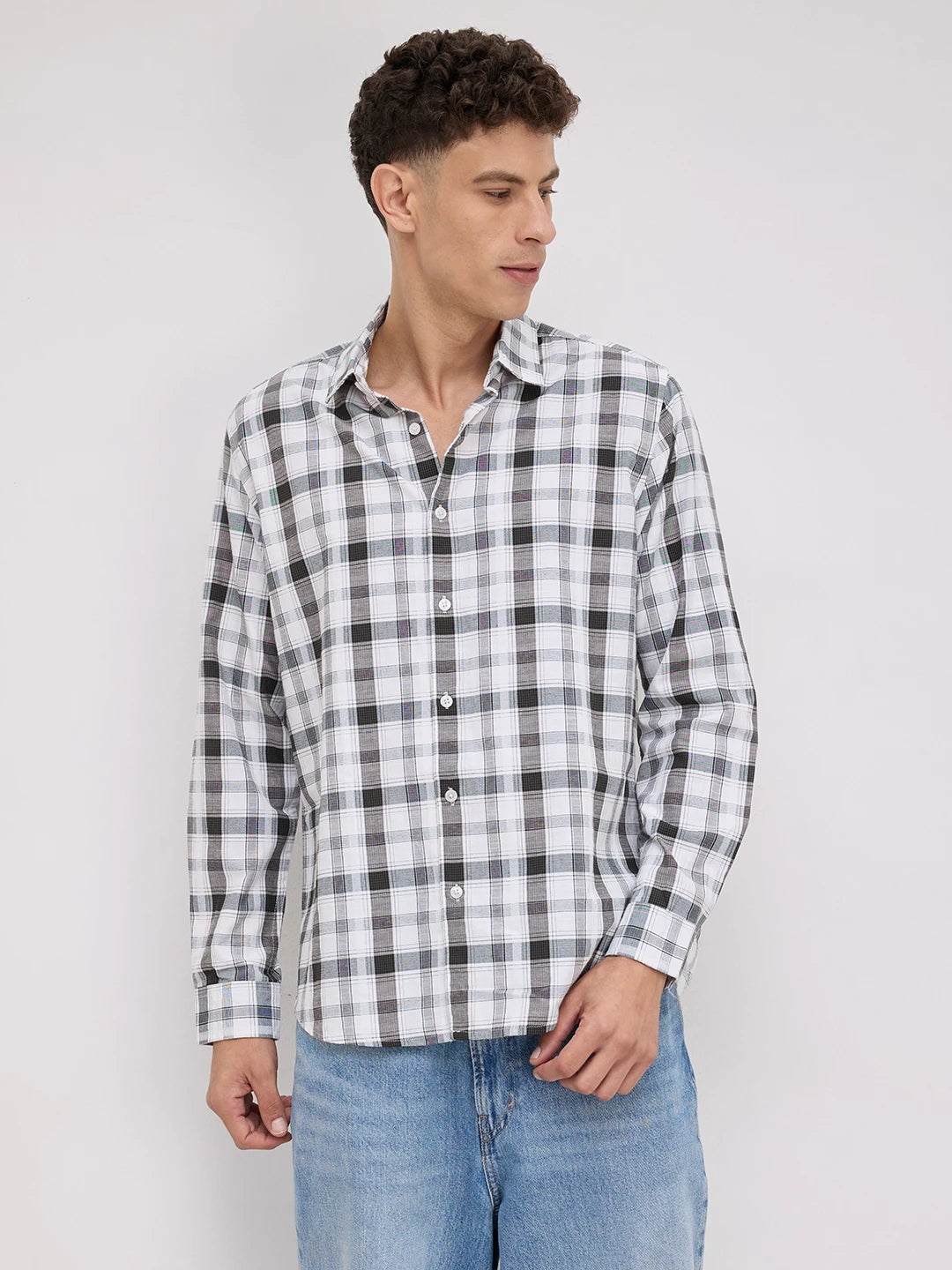 Premium White & Grey Plaid Checks Textured Shirt