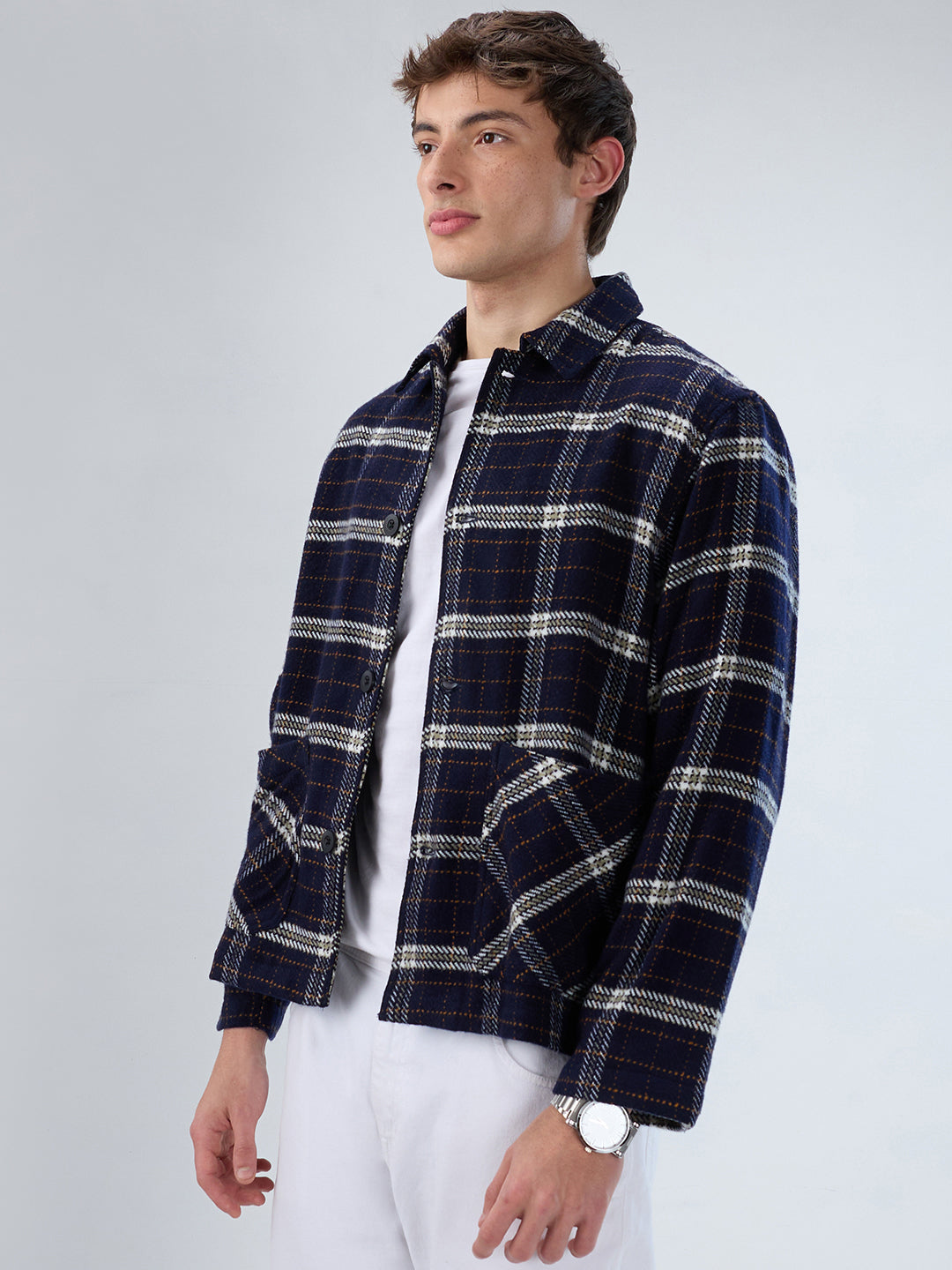 Navy Tartan Checks Double Pocket Flannel Shacket