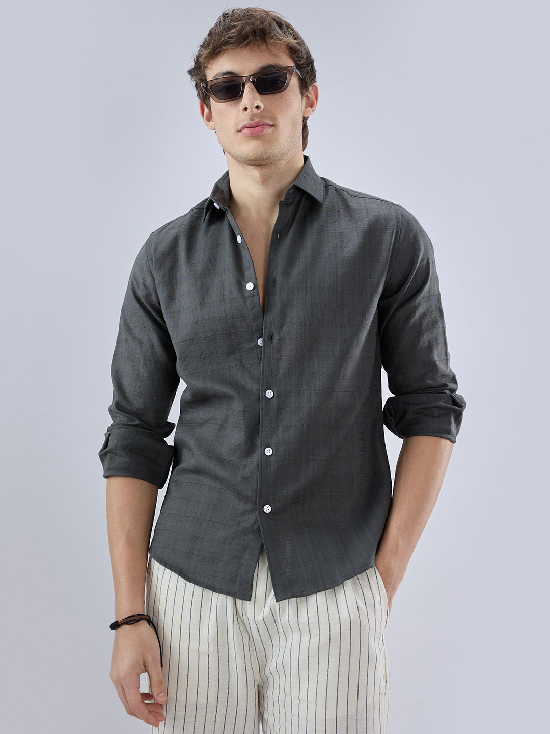 Charcoal Grey Micro Frid Textured Shirt