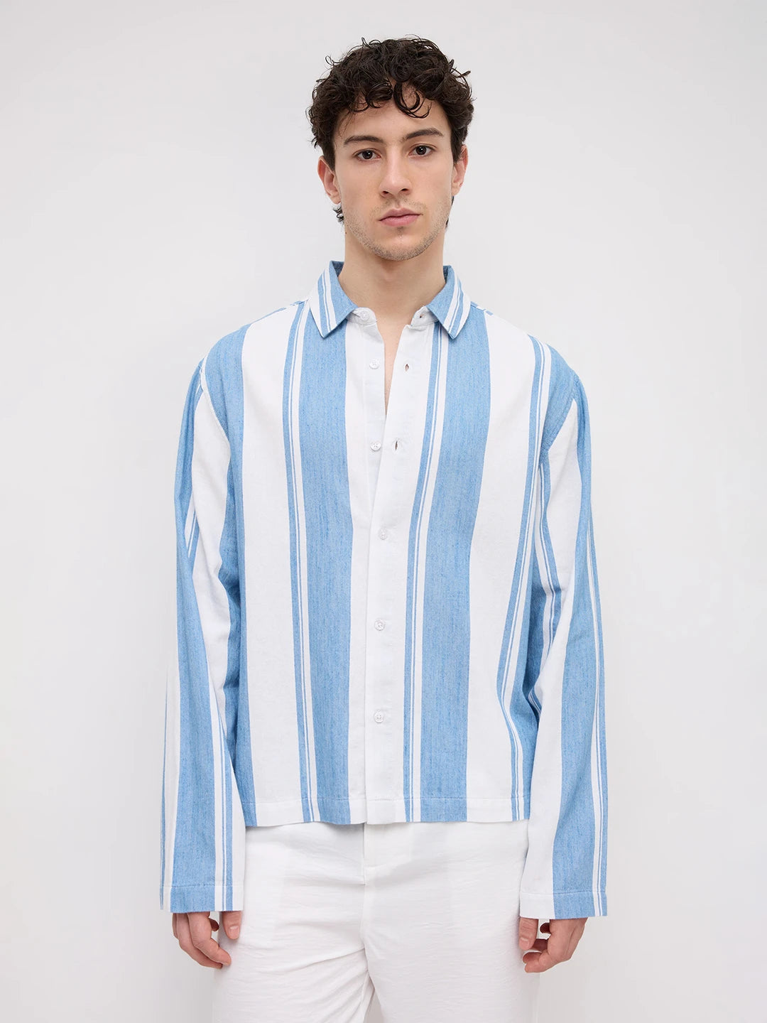 Denim Broad Stripes Oversized Cuffless Shirt