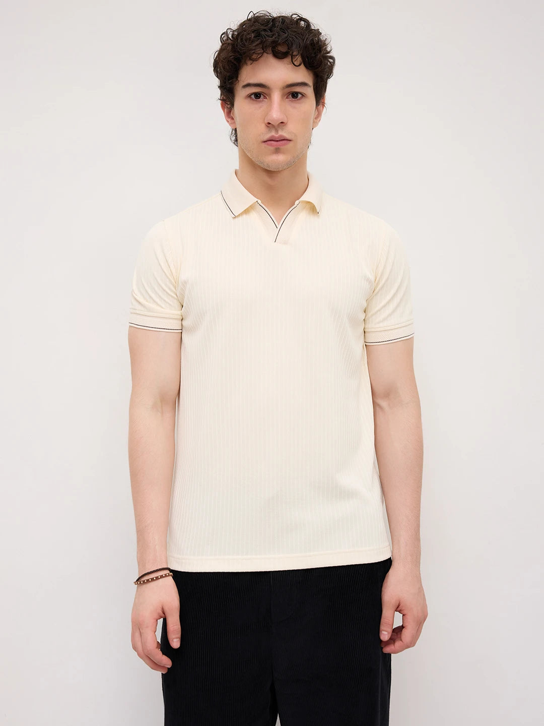 Elite Cream Pinstripe Weave Polo Tee