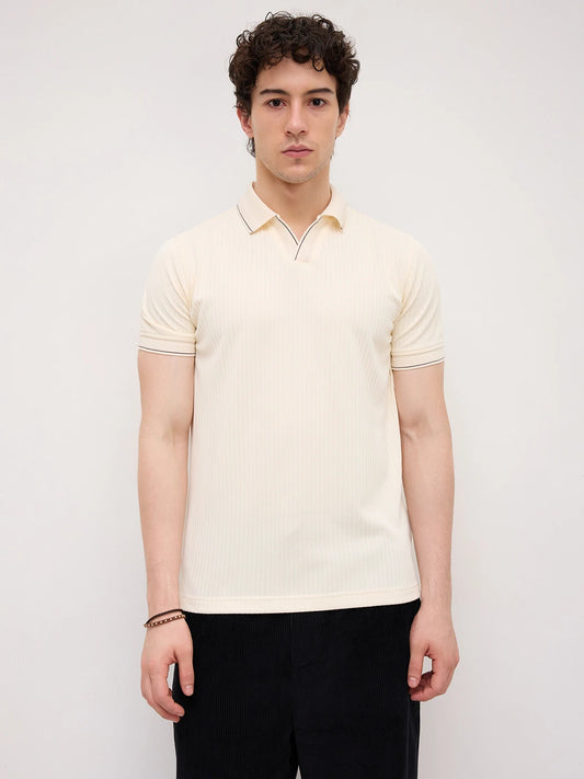 Elite Cream Pinstripe Weave Polo Tee