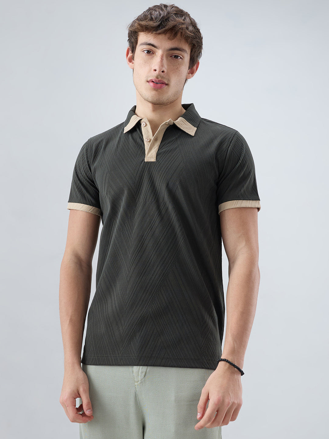 Deep Olive Contrast Polo Neck T-shirt