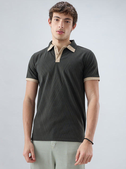 Deep Olive Contrast Polo Neck T-shirt