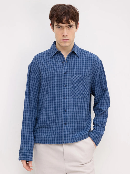 Prussian Blue Atelier Checked Boxy Fit Crop Shirt