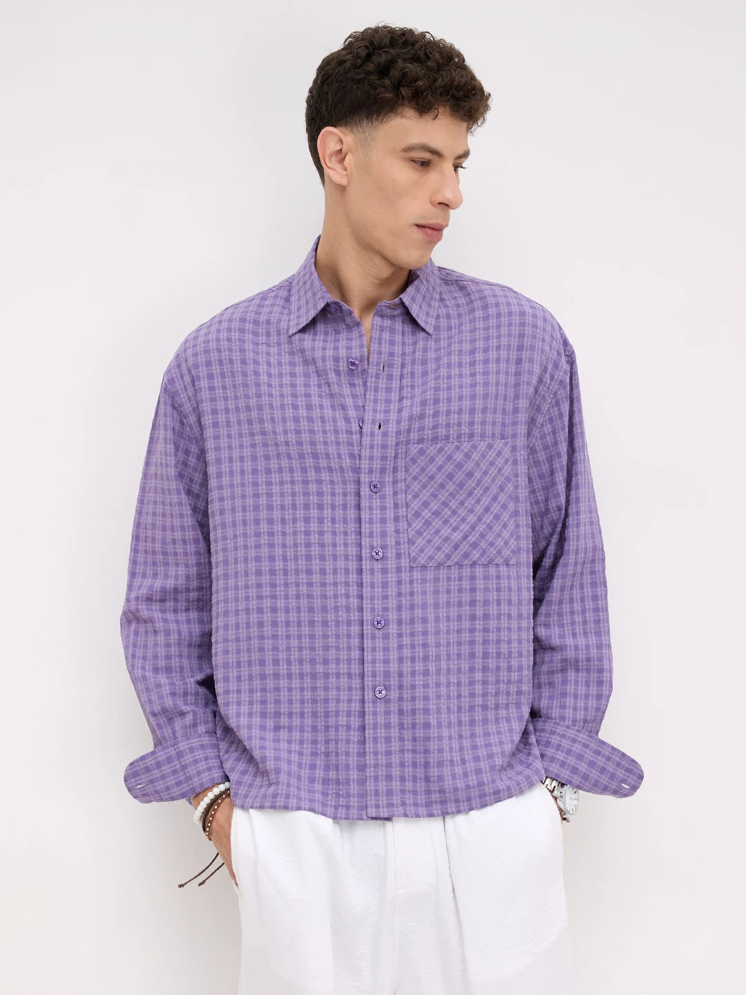 Purple Shadow Checks Boxy Fit Crop Shirt
