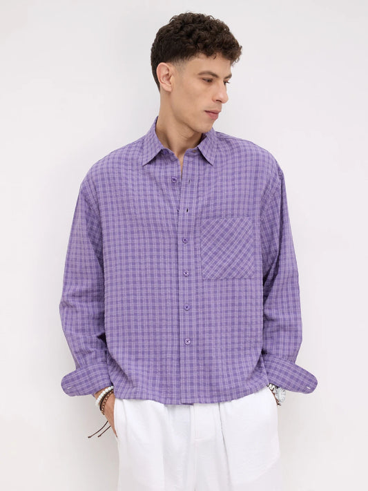 Purple Shadow Checks Boxy Fit Crop Shirt